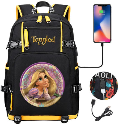 Tangled Rapunzel Princess Backpacks Schoolbag Large Capacity Laptop Bag Waterproof Multifunction USB Charging Mochila