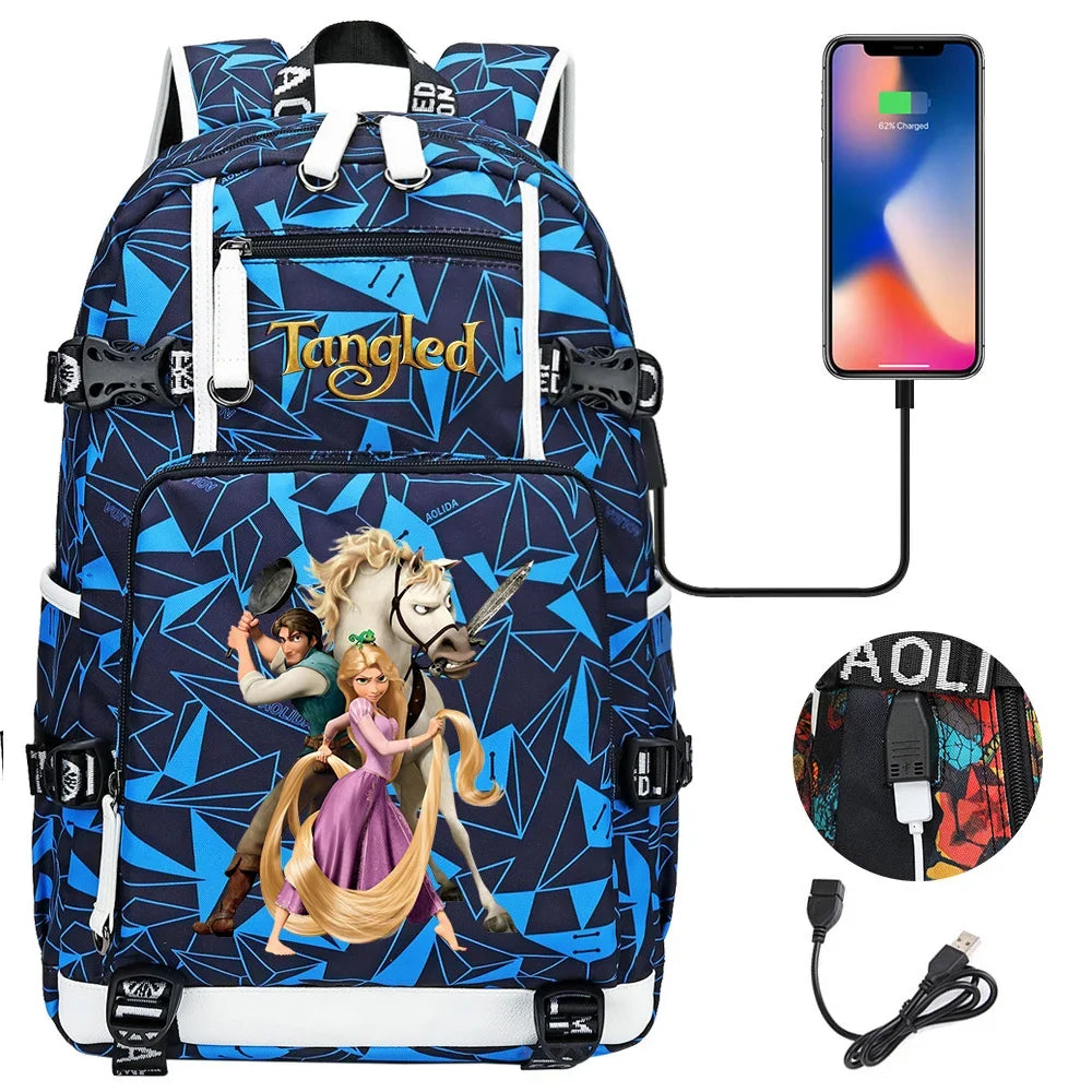 Tangled Rapunzel Princess Backpacks Schoolbag Large Capacity Laptop Bag Waterproof Multifunction USB Charging Mochila