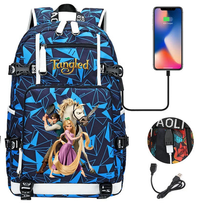 Tangled Rapunzel Princess Backpacks Schoolbag Large Capacity Laptop Bag Waterproof Multifunction USB Charging Mochila