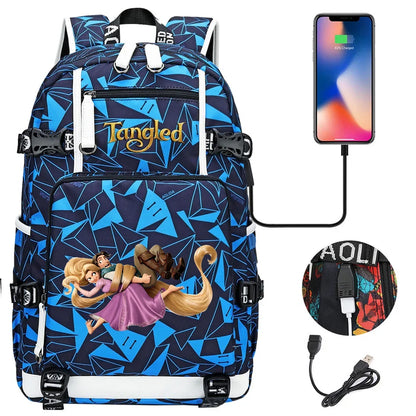 Tangled Rapunzel Princess Backpacks Schoolbag Large Capacity Laptop Bag Waterproof Multifunction USB Charging Mochila