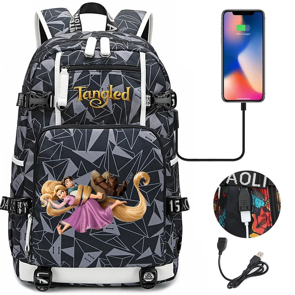 Tangled Rapunzel Princess Backpacks Schoolbag Large Capacity Laptop Bag Waterproof Multifunction USB Charging Mochila