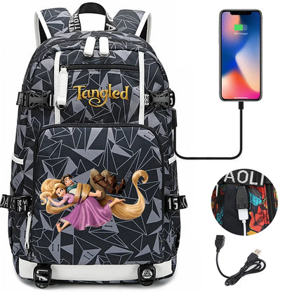 Tangled Rapunzel Princess Backpacks Schoolbag Large Capacity Laptop Bag Waterproof Multifunction USB Charging Mochila