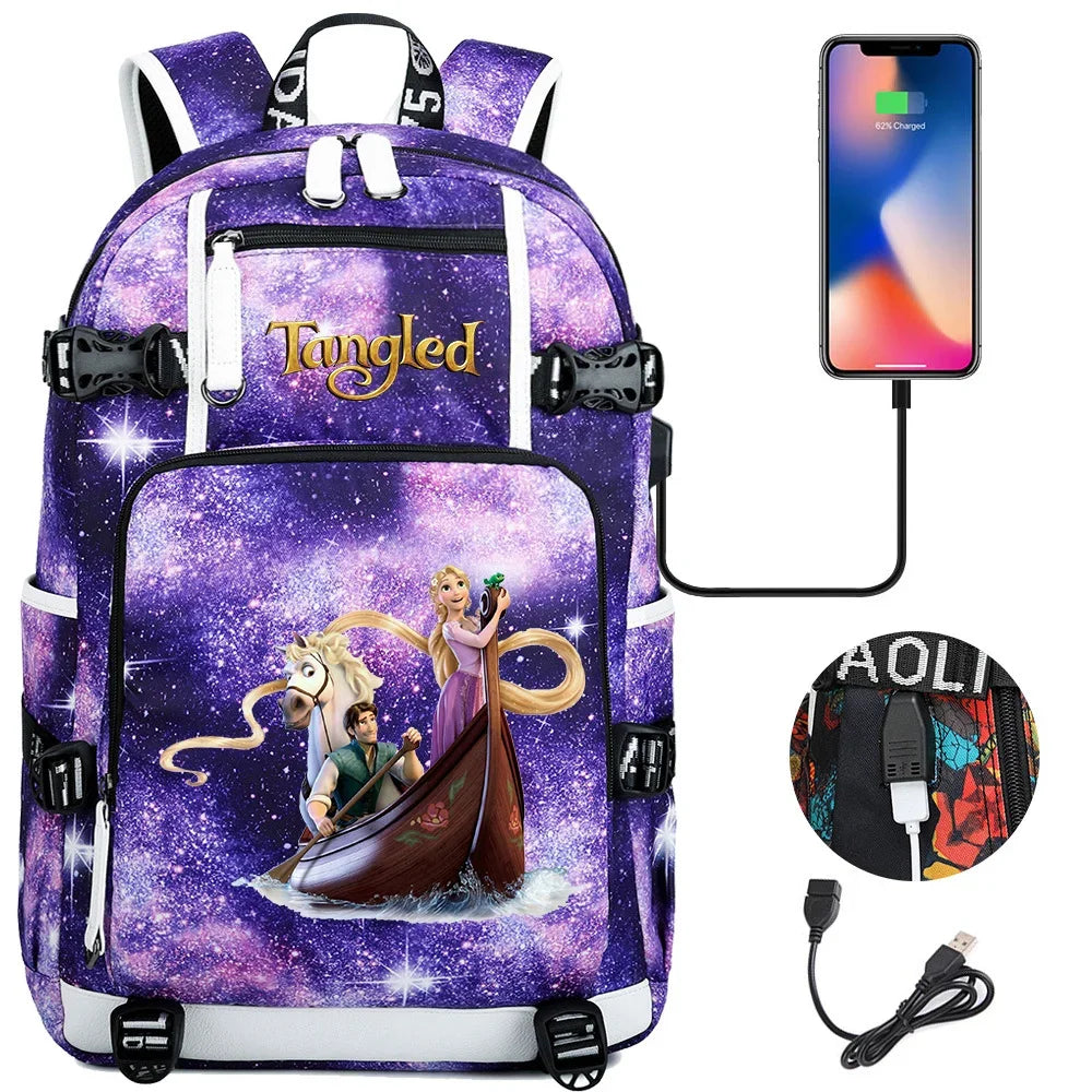 Tangled Rapunzel Princess Backpacks Schoolbag Large Capacity Laptop Bag Waterproof Multifunction USB Charging Mochila