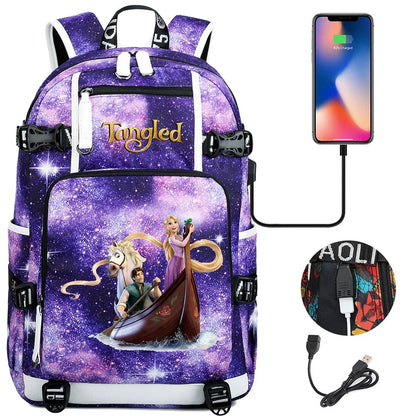 Tangled Rapunzel Princess Backpacks Schoolbag Large Capacity Laptop Bag Waterproof Multifunction USB Charging Mochila