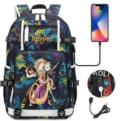 Tangled Rapunzel Princess Backpacks Schoolbag Large Capacity Laptop Bag Waterproof Multifunction USB Charging Mochila