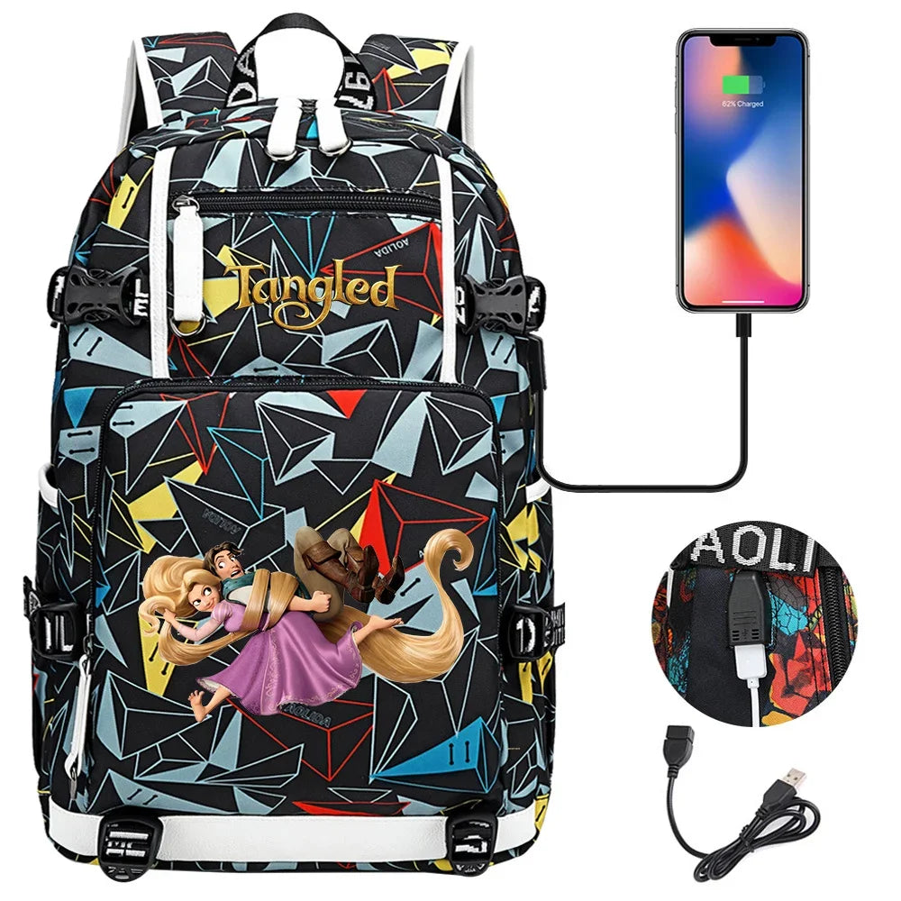Tangled Rapunzel Princess Backpacks Schoolbag Large Capacity Laptop Bag Waterproof Multifunction USB Charging Mochila