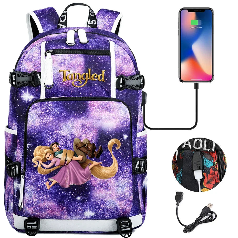 Tangled Rapunzel Princess Backpacks Schoolbag Large Capacity Laptop Bag Waterproof Multifunction USB Charging Mochila