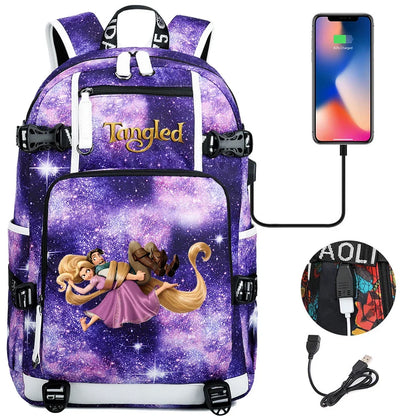 Tangled Rapunzel Princess Backpacks Schoolbag Large Capacity Laptop Bag Waterproof Multifunction USB Charging Mochila