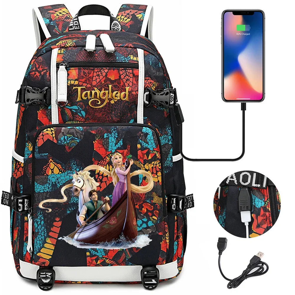 Tangled Rapunzel Princess Backpacks Schoolbag Large Capacity Laptop Bag Waterproof Multifunction USB Charging Mochila