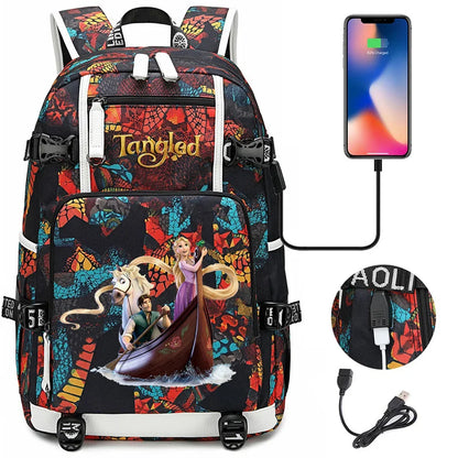 Tangled Rapunzel Princess Backpacks Schoolbag Large Capacity Laptop Bag Waterproof Multifunction USB Charging Mochila