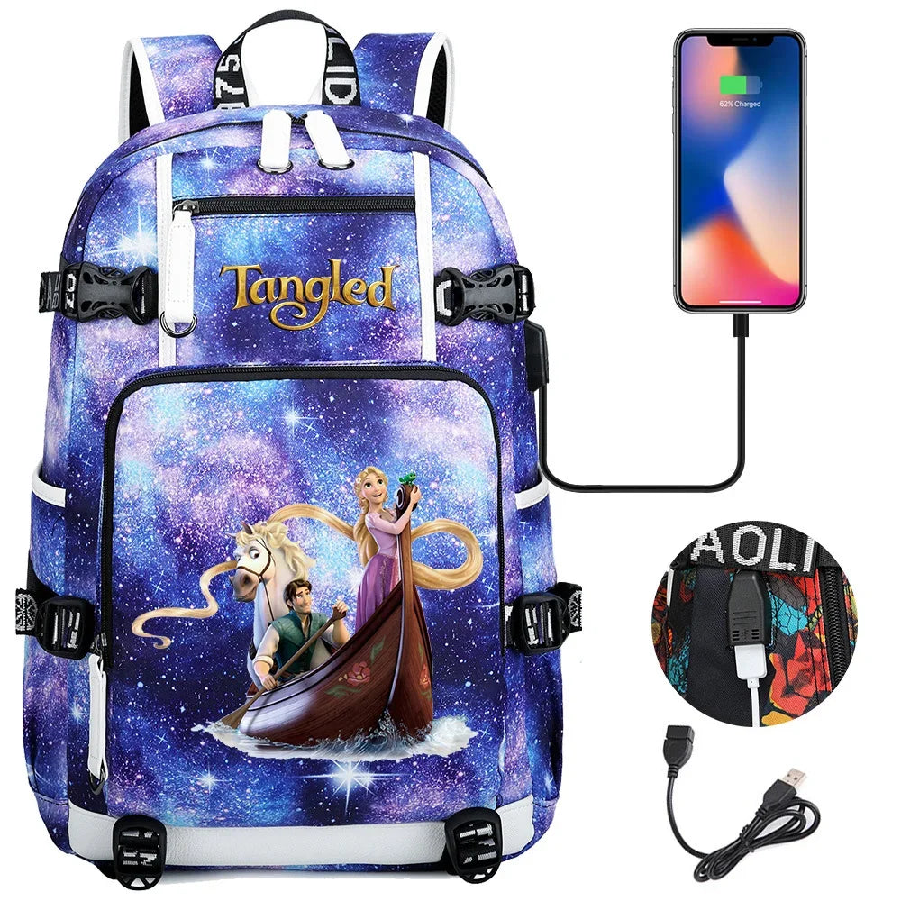 Tangled Rapunzel Princess Backpacks Schoolbag Large Capacity Laptop Bag Waterproof Multifunction USB Charging Mochila