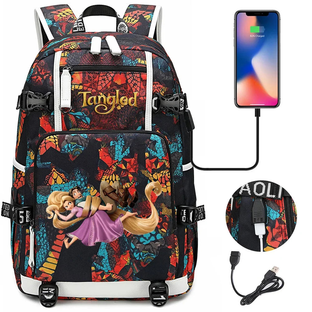 Tangled Rapunzel Princess Backpacks Schoolbag Large Capacity Laptop Bag Waterproof Multifunction USB Charging Mochila