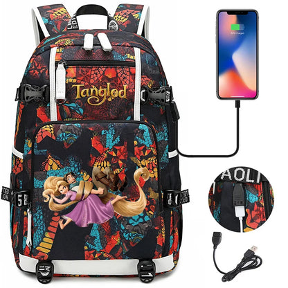 Tangled Rapunzel Princess Backpacks Schoolbag Large Capacity Laptop Bag Waterproof Multifunction USB Charging Mochila