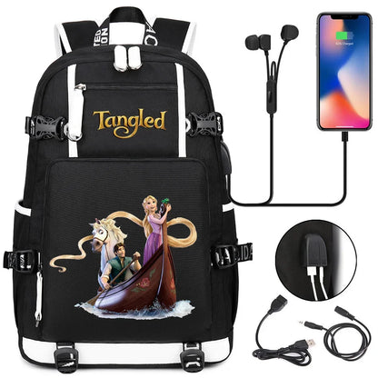 Tangled Rapunzel Princess Backpacks Schoolbag Large Capacity Laptop Bag Waterproof Multifunction USB Charging Mochila