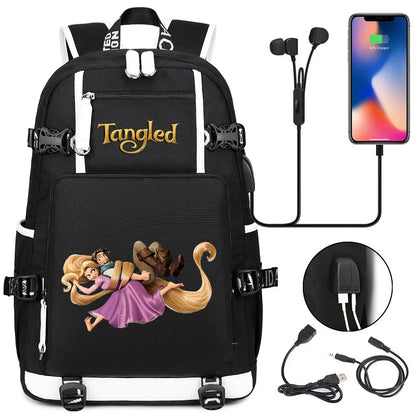 Tangled Rapunzel Princess Backpacks Schoolbag Large Capacity Laptop Bag Waterproof Multifunction USB Charging Mochila