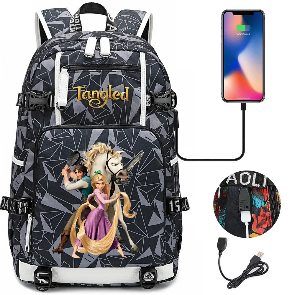 Tangled Rapunzel Princess Backpacks Schoolbag Large Capacity Laptop Bag Waterproof Multifunction USB Charging Mochila
