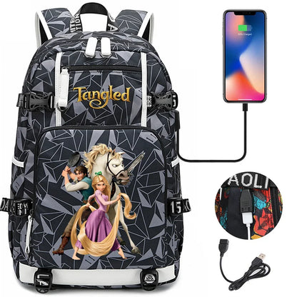 Tangled Rapunzel Princess Backpacks Schoolbag Large Capacity Laptop Bag Waterproof Multifunction USB Charging Mochila