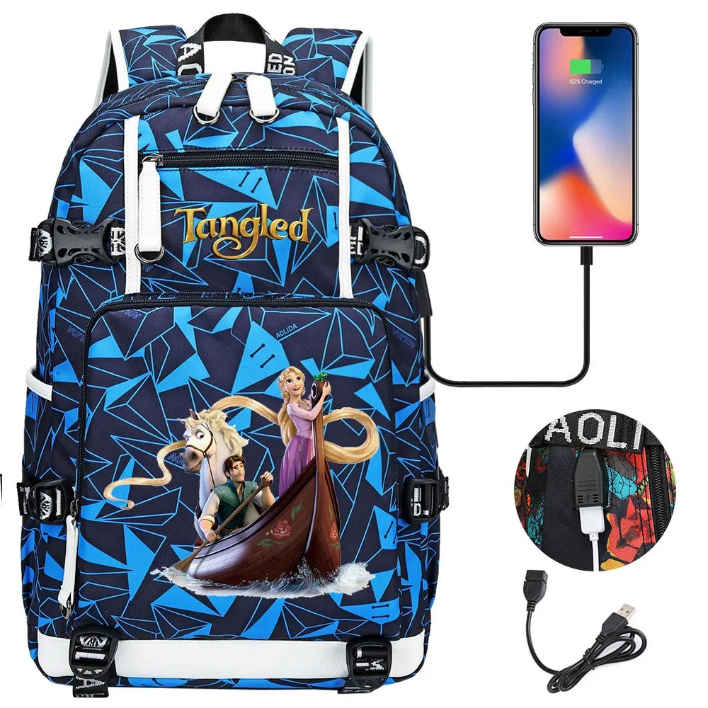 Tangled Rapunzel Princess Backpacks Schoolbag Large Capacity Laptop Bag Waterproof Multifunction USB Charging Mochila