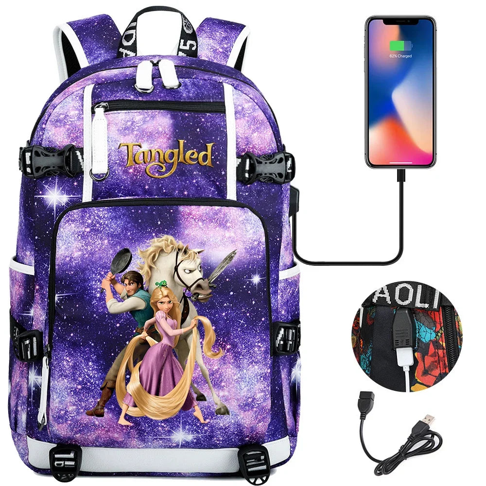 Tangled Rapunzel Princess Backpacks Schoolbag Large Capacity Laptop Bag Waterproof Multifunction USB Charging Mochila