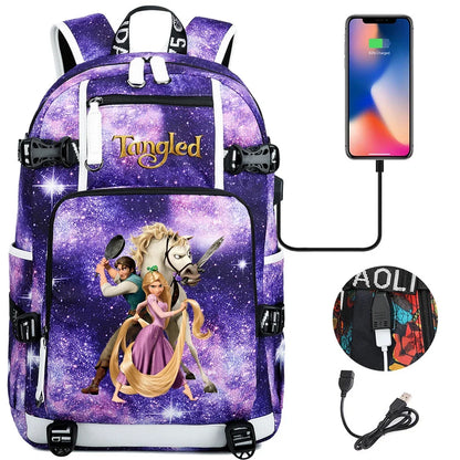 Tangled Rapunzel Princess Backpacks Schoolbag Large Capacity Laptop Bag Waterproof Multifunction USB Charging Mochila