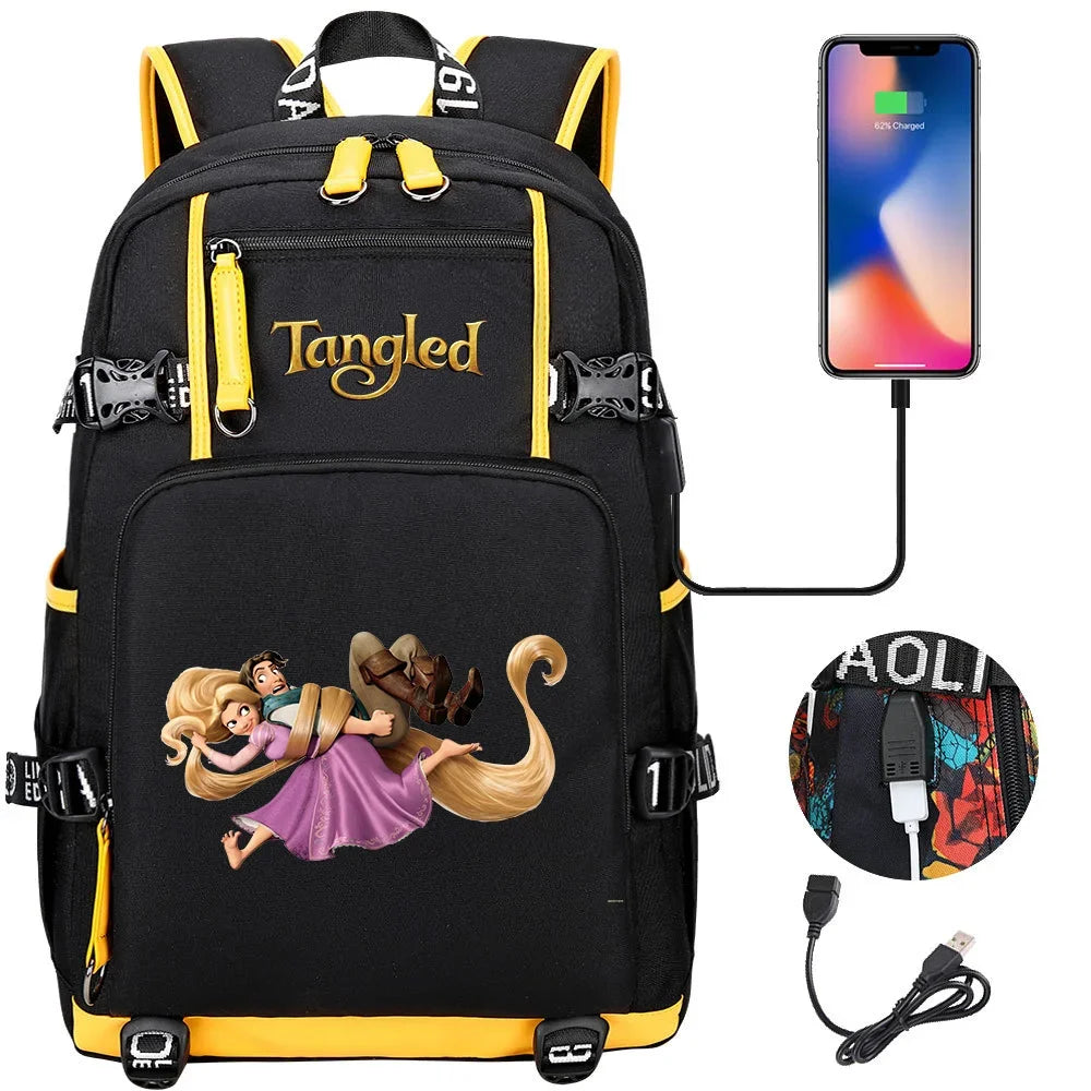 Tangled Rapunzel Princess Backpacks Schoolbag Large Capacity Laptop Bag Waterproof Multifunction USB Charging Mochila