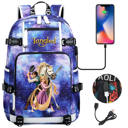 Tangled Rapunzel Princess Backpacks Schoolbag Large Capacity Laptop Bag Waterproof Multifunction USB Charging Mochila