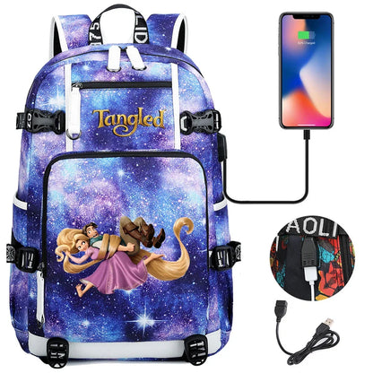 Tangled Rapunzel Princess Backpacks Schoolbag Large Capacity Laptop Bag Waterproof Multifunction USB Charging Mochila