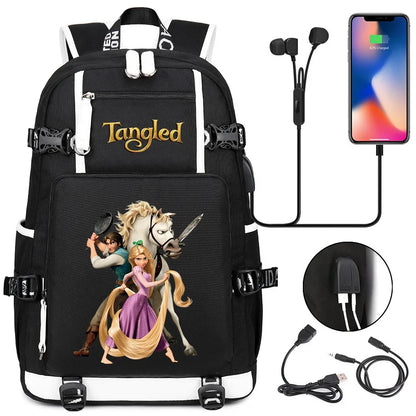 Tangled Rapunzel Princess Backpacks Schoolbag Large Capacity Laptop Bag Waterproof Multifunction USB Charging Mochila