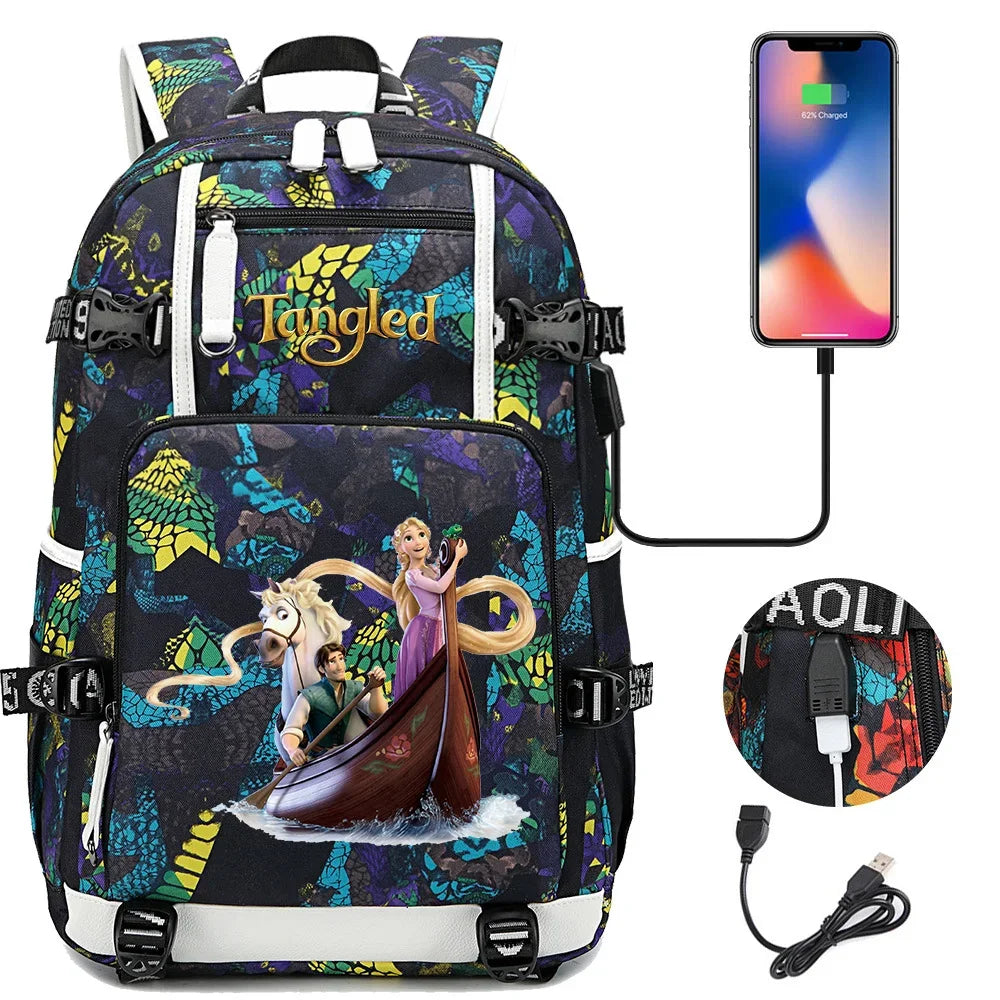 Tangled Rapunzel Princess Backpacks Schoolbag Large Capacity Laptop Bag Waterproof Multifunction USB Charging Mochila