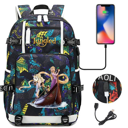 Tangled Rapunzel Princess Backpacks Schoolbag Large Capacity Laptop Bag Waterproof Multifunction USB Charging Mochila