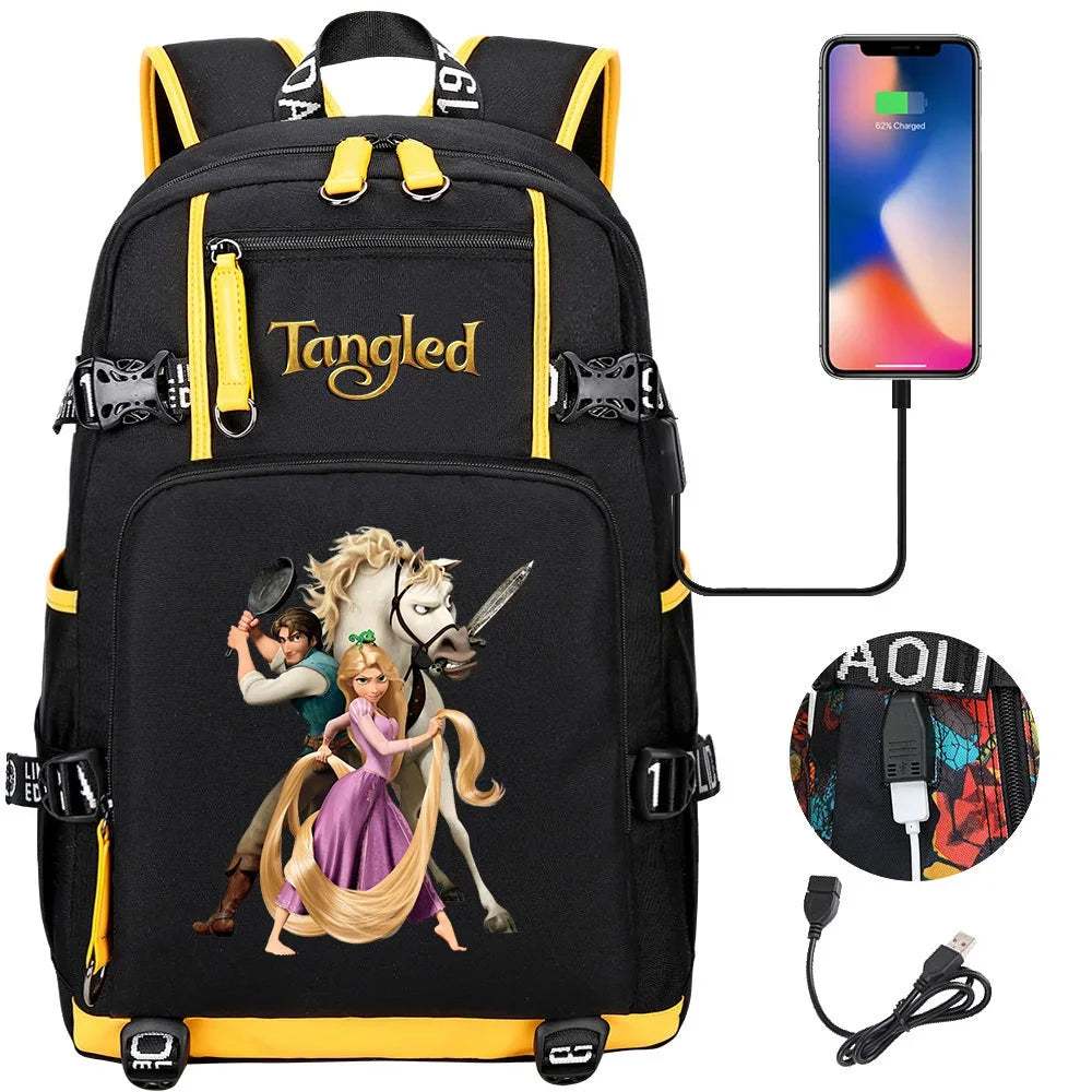 Tangled Rapunzel Princess Backpacks Schoolbag Large Capacity Laptop Bag Waterproof Multifunction USB Charging Mochila