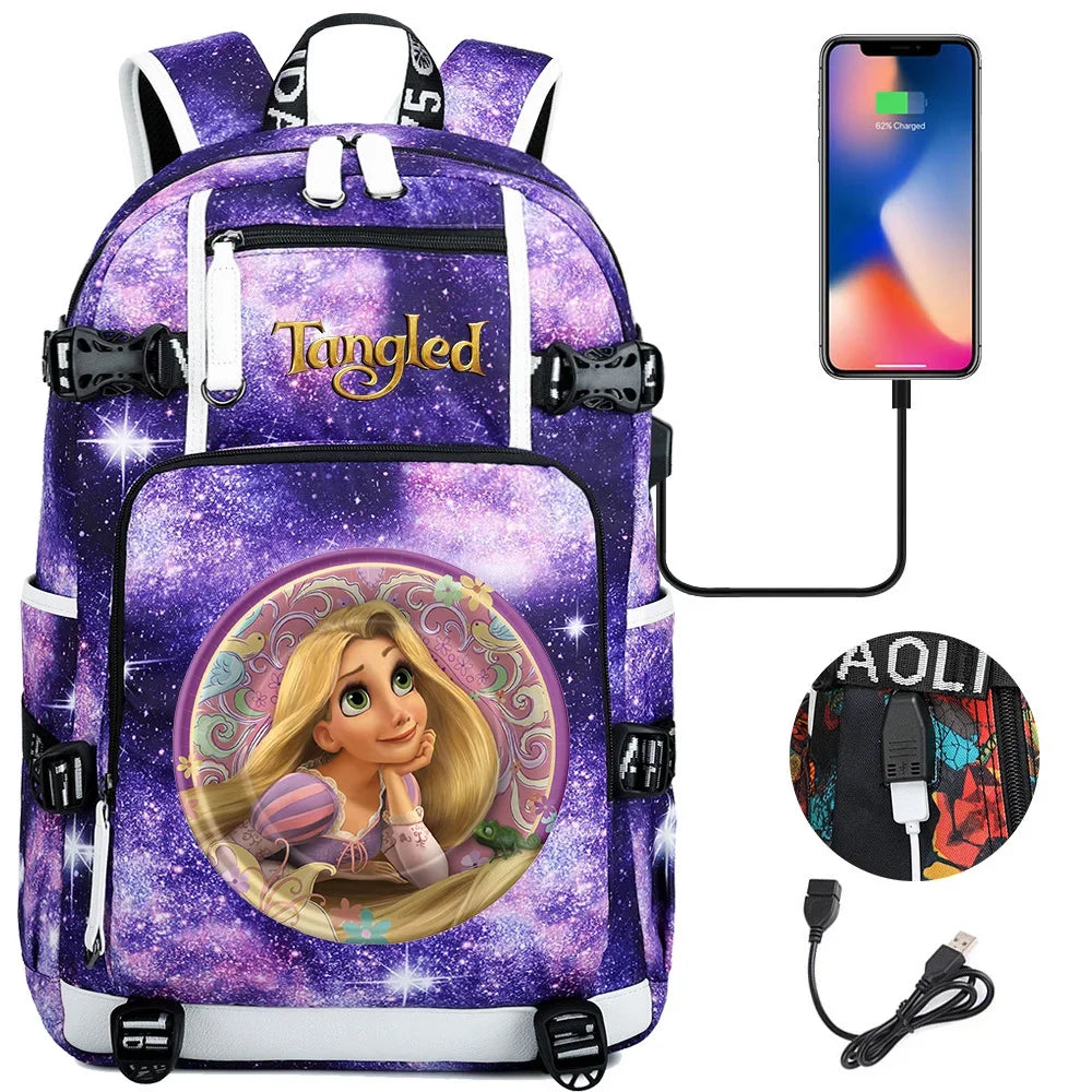 Tangled Rapunzel Princess Backpacks Schoolbag Large Capacity Laptop Bag Waterproof Multifunction USB Charging Mochila