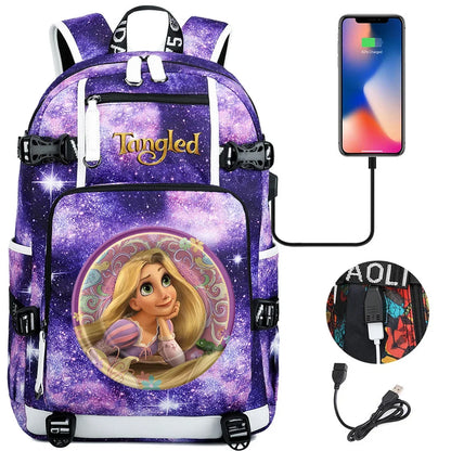 Tangled Rapunzel Princess Backpacks Schoolbag Large Capacity Laptop Bag Waterproof Multifunction USB Charging Mochila