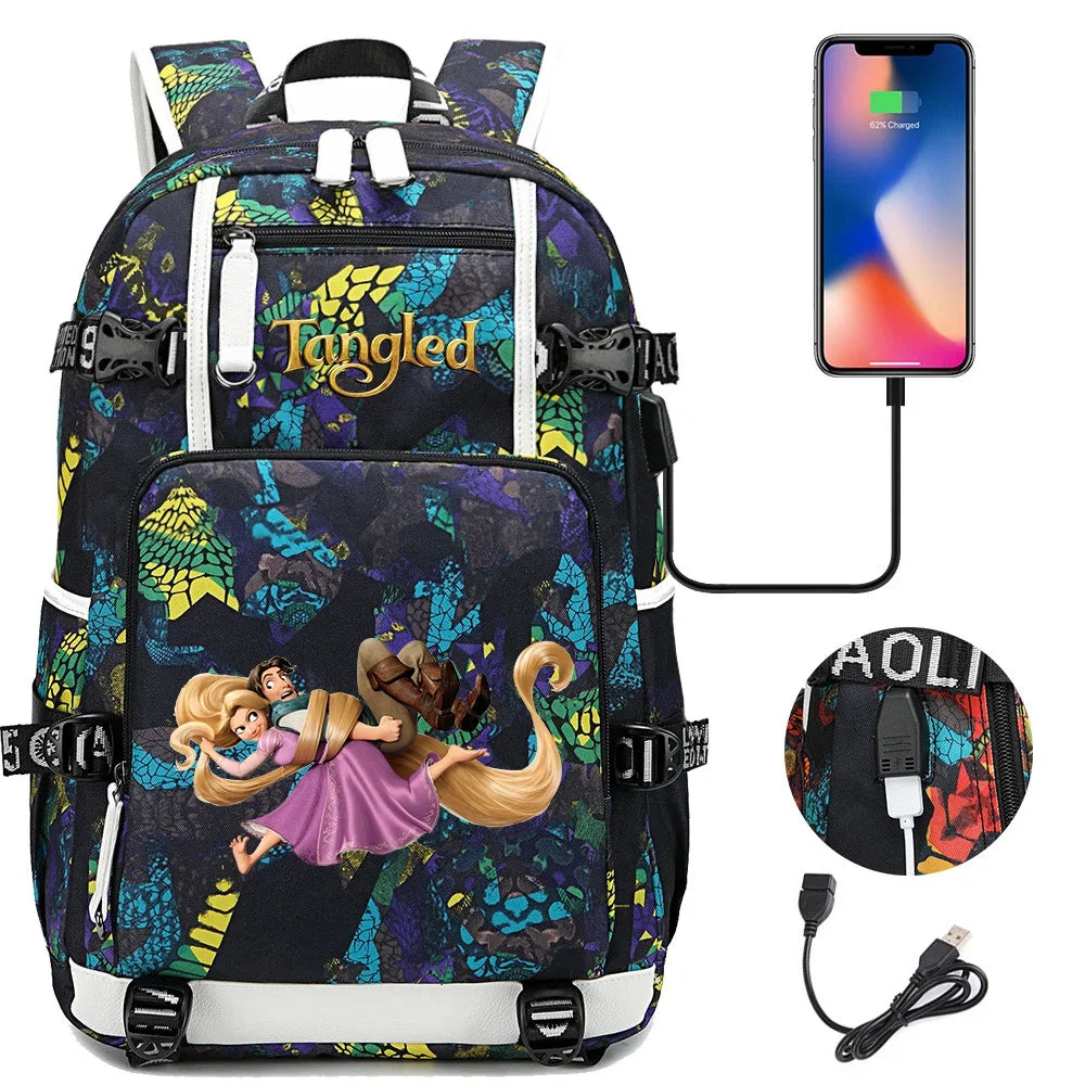 Tangled Rapunzel Princess Backpacks Schoolbag Large Capacity Laptop Bag Waterproof Multifunction USB Charging Mochila