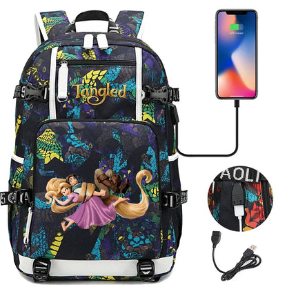 Tangled Rapunzel Princess Backpacks Schoolbag Large Capacity Laptop Bag Waterproof Multifunction USB Charging Mochila