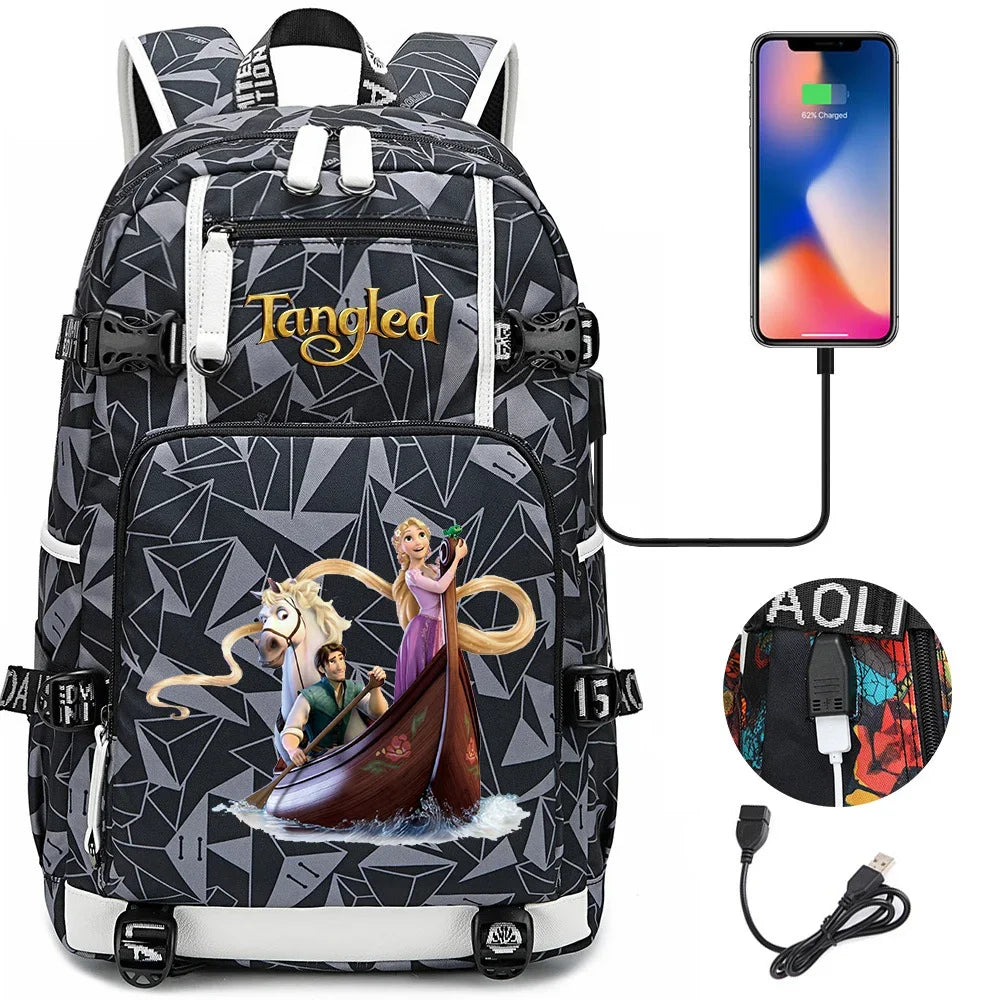 Tangled Rapunzel Princess Backpacks Schoolbag Large Capacity Laptop Bag Waterproof Multifunction USB Charging Mochila