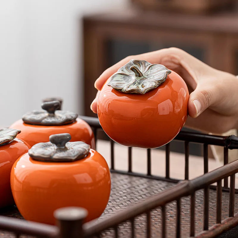 Tea Caddies Persimmon Tea Pot Household Ceramic Spice Storage Tank Pottery Jar Seasoning Container Small Storage Pot Ornament