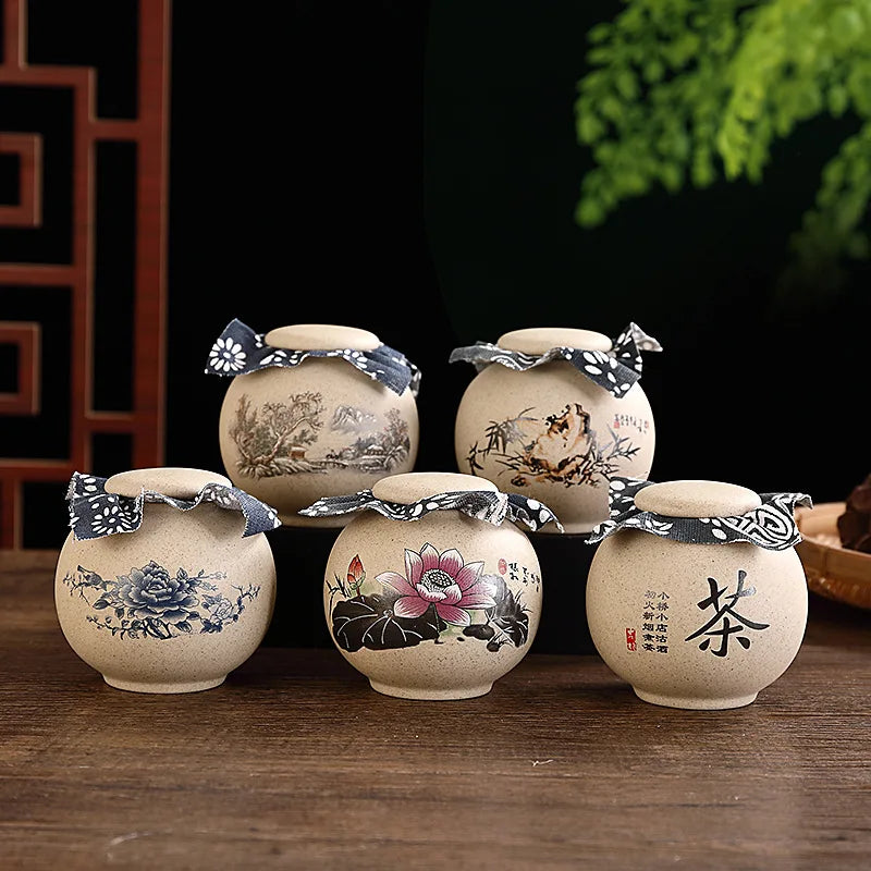 Tea Caddies Small Pottery Tea Storage Pot Ornament Household Ceramic Spice Storage Tank Pottery Jar Seasoning Container Tea Box