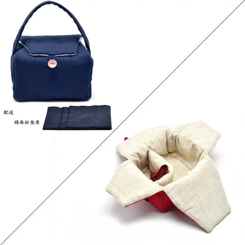 Tea Cozies Storage Cloth Bag, Side Handle Pot, Tea Set, One 3 Grid Suit for Cup Teapot, Travel Portable Drawstring