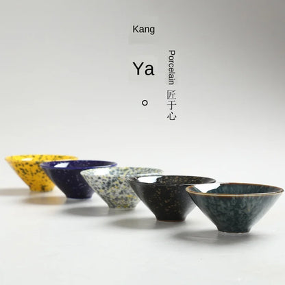 Tea Cup Set Ceramic Teacup Complete Set Kung Fu Tea Set Kiln Baked Bamboo-Hat Type Cup Retro Master Cup Tea Cup Set of 5 Teacups