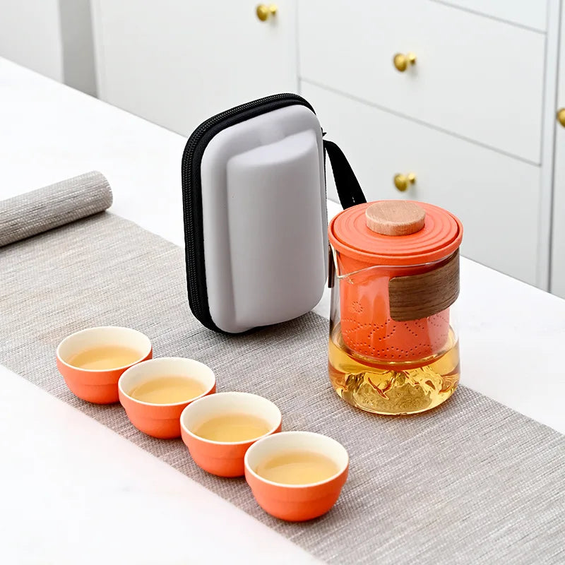 Tea Set Kung Fu Teapot Infuser Tea Set Travel Tea Set Wood Handle Kung Fu Tea Pot with Lid for Traveling Outdoor Picnic Hotel