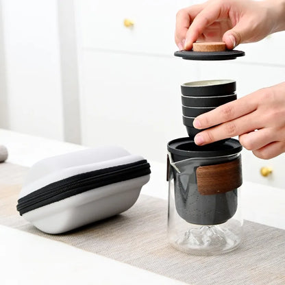 Tea Set Kung Fu Teapot Infuser Tea Set Travel Tea Set Wood Handle Kung Fu Tea Pot with Lid for Traveling Outdoor Picnic Hotel