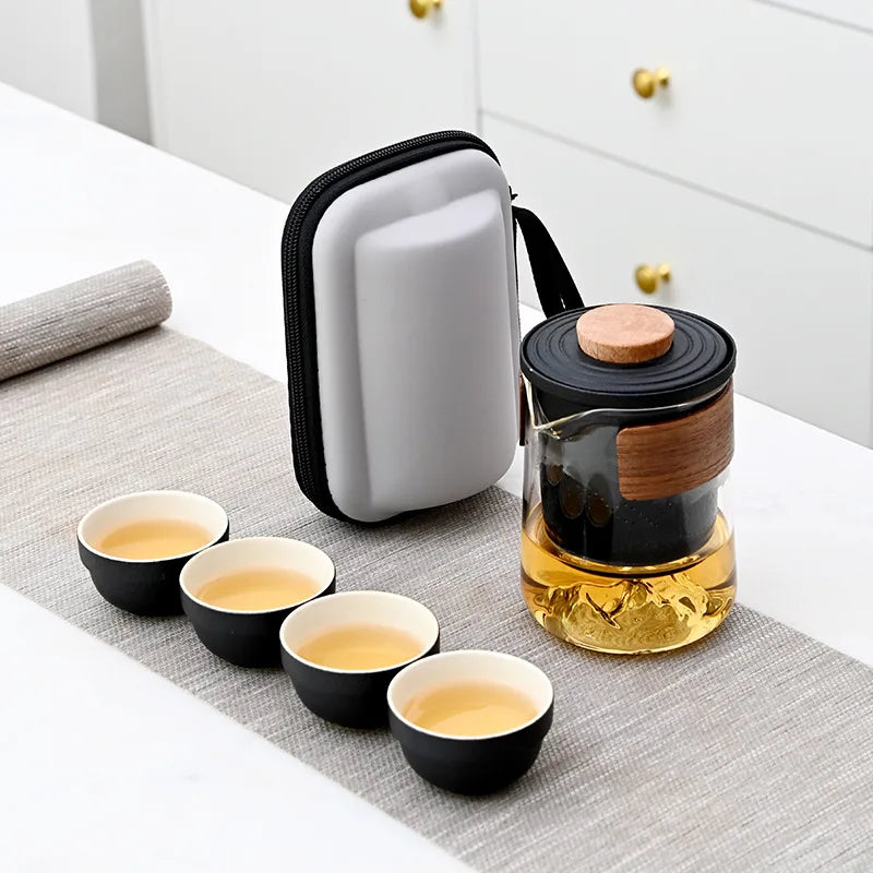 Tea Set Kung Fu Teapot Infuser Tea Set Travel Tea Set Wood Handle Kung Fu Tea Pot with Lid for Traveling Outdoor Picnic Hotel