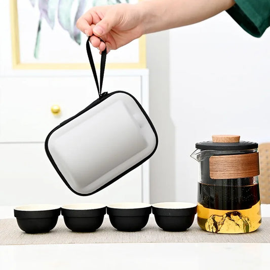 Tea Set Kung Fu Teapot Infuser Tea Set Travel Tea Set Wood Handle Kung Fu Tea Pot with Lid for Traveling Outdoor Picnic Hotel