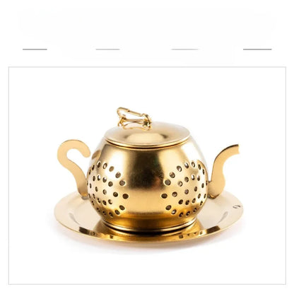 Tea Strainer Teapot Shape Loose Tea Infuser Stainless Steel Leaf Tea Maker Strainer Chain Drip Tray Herbal Spice Filter WithDish