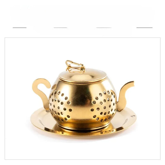 Tea Strainer Teapot Shape Loose Tea Infuser Stainless Steel Leaf Tea Maker Strainer Chain Drip Tray Herbal Spice Filter WithDish