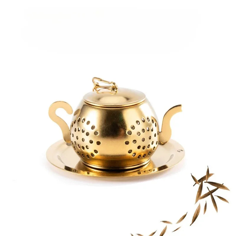 Tea Strainer Teapot Shape Loose Tea Infuser Stainless Steel Leaf Tea Maker Strainer Chain Drip Tray Herbal Spice Filter WithDish