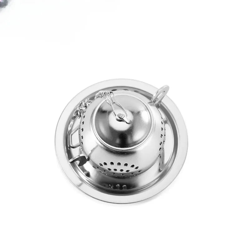 Tea Strainer Teapot Shape Loose Tea Infuser Stainless Steel Leaf Tea Maker Strainer Chain Drip Tray Herbal Spice Filter WithDish