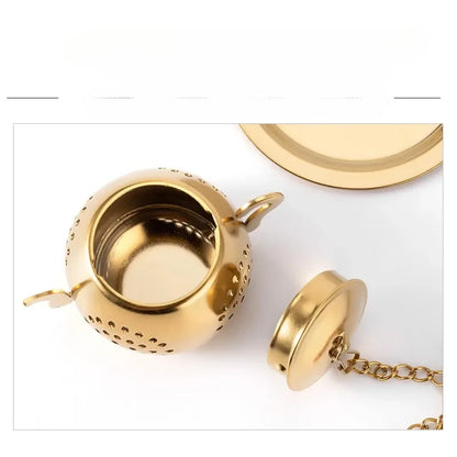 Tea Strainer Teapot Shape Loose Tea Infuser Stainless Steel Leaf Tea Maker Strainer Chain Drip Tray Herbal Spice Filter WithDish