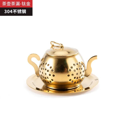 Tea Strainer Teapot Shape Loose Tea Infuser Stainless Steel Leaf Tea Maker Strainer Chain Drip Tray Herbal Spice Filter WithDish